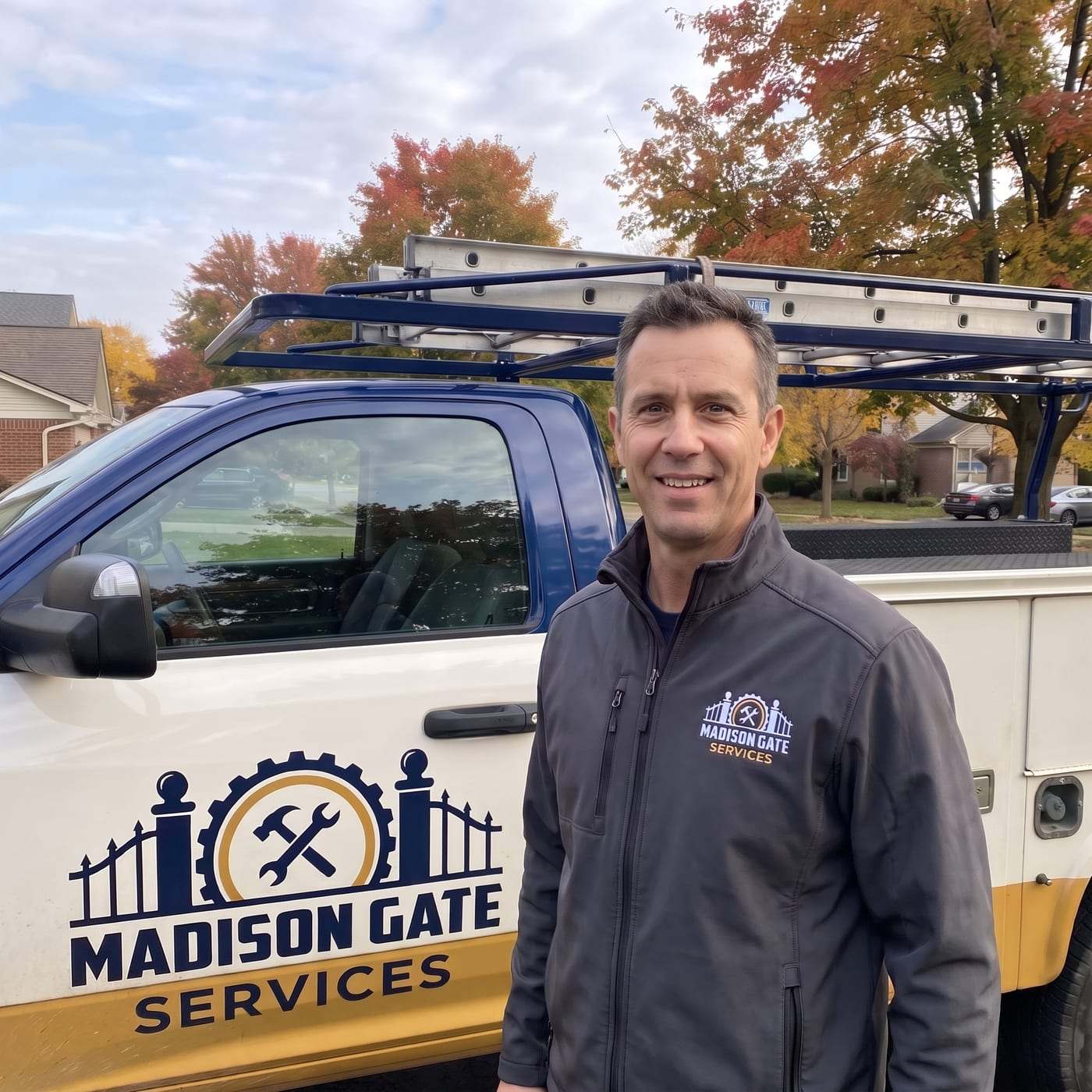 Smiling man in a charcoal zip-up work jacket with the company emblem on the chest, standing beside the lettered door of the company truck