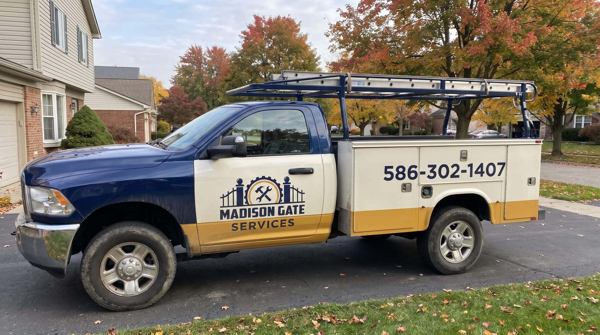 Madison Gate Services Ram pickup with a utility body in navy, off-white and goldenrod, the gate-post logo on the door and 586-302-1407 on the side compartments, parked in a driveway under autumn maples