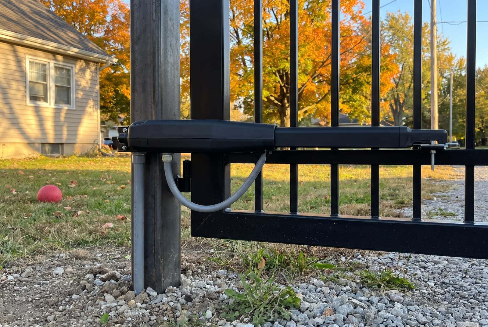 Swing gate operator arm mounted between a square steel post and a black steel driveway gate, its wiring in gray conduit