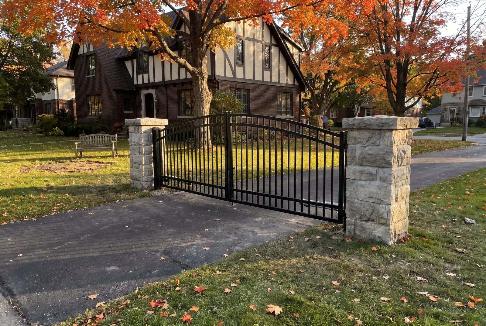 Black steel double swing gate with a gentle arch hung between limestone pillars in front of a Tudor-style house
