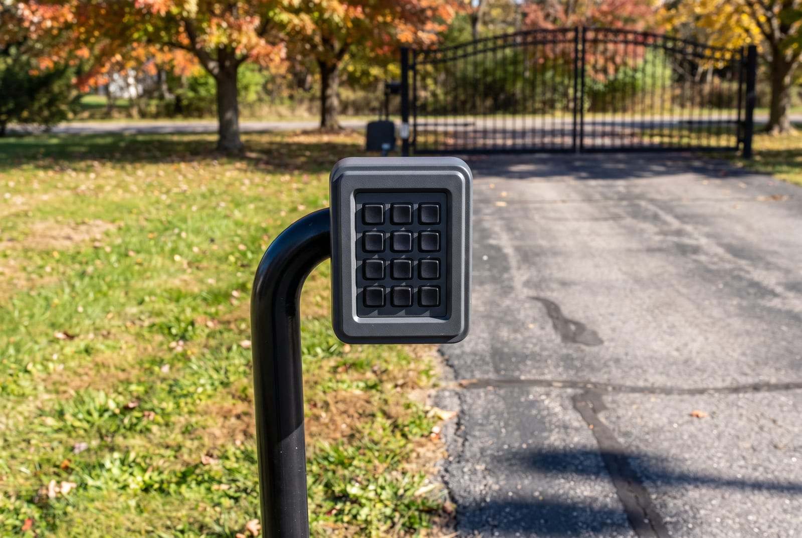 Access keypad on a black gooseneck post beside an asphalt driveway, a closed driveway gate behind it