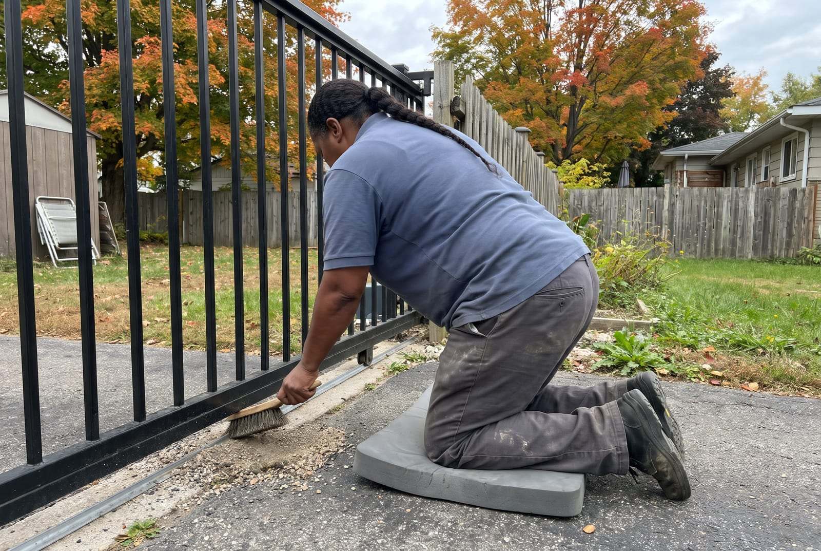 Technician kneeling on a pad to brush grit out of a sliding gate’s ground track