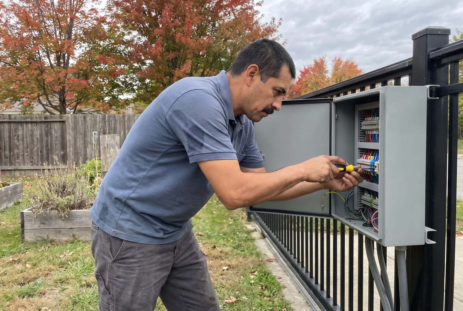 Technician with a screwdriver working on the wiring inside a gate control box mounted on a steel fence