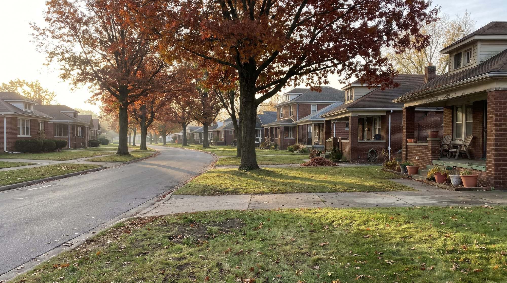 Curving residential street of brick bungalows under autumn maples